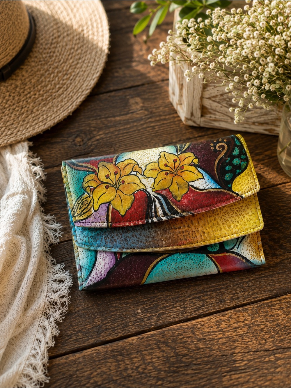 🎨 Anuschka Hand-Painted Leather Convertible 3-Way Tri-Fold Wallet 🎨 crossbody